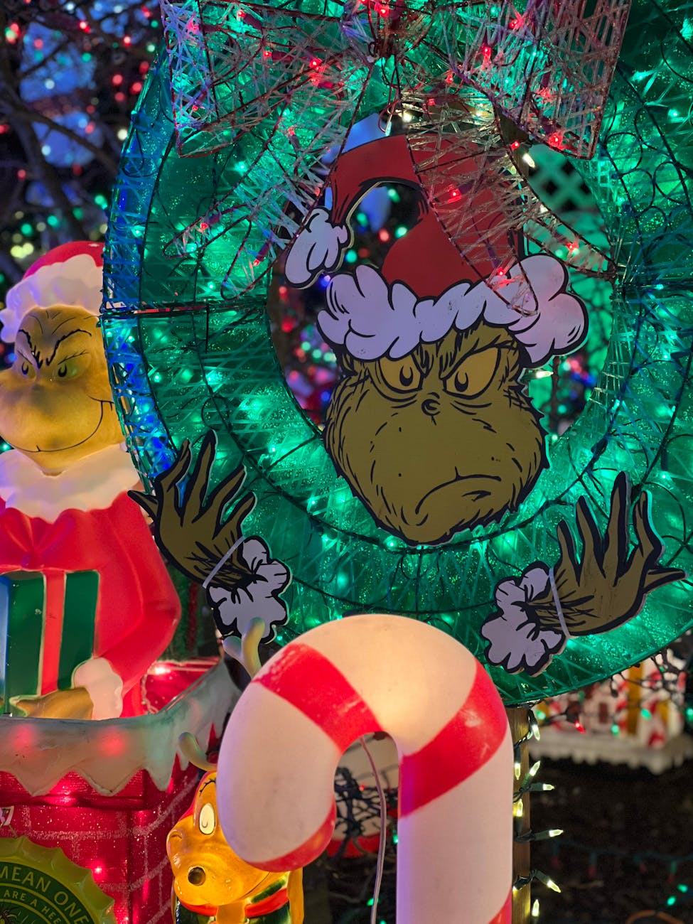 festive grinch christmas decorations at night